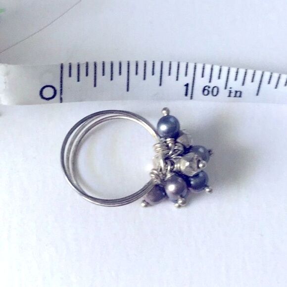 Freshwater Pearl Cluster Ring Beaded Wire Multi-band Boho Beachy Coastal Blue - Picture 7 of 7